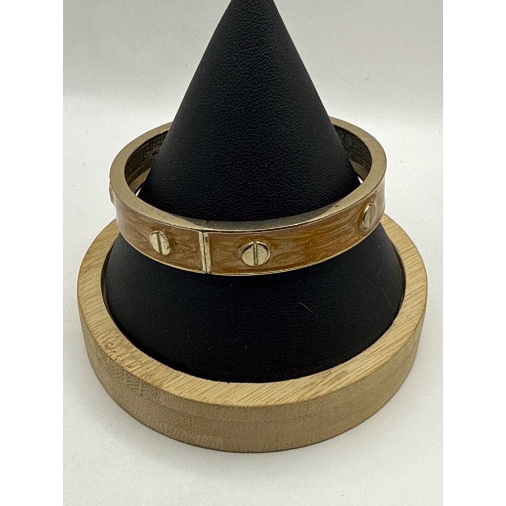 Tan Wood Grain Enamel Screw Bangle Gold Hinged Bracelet Designer Look